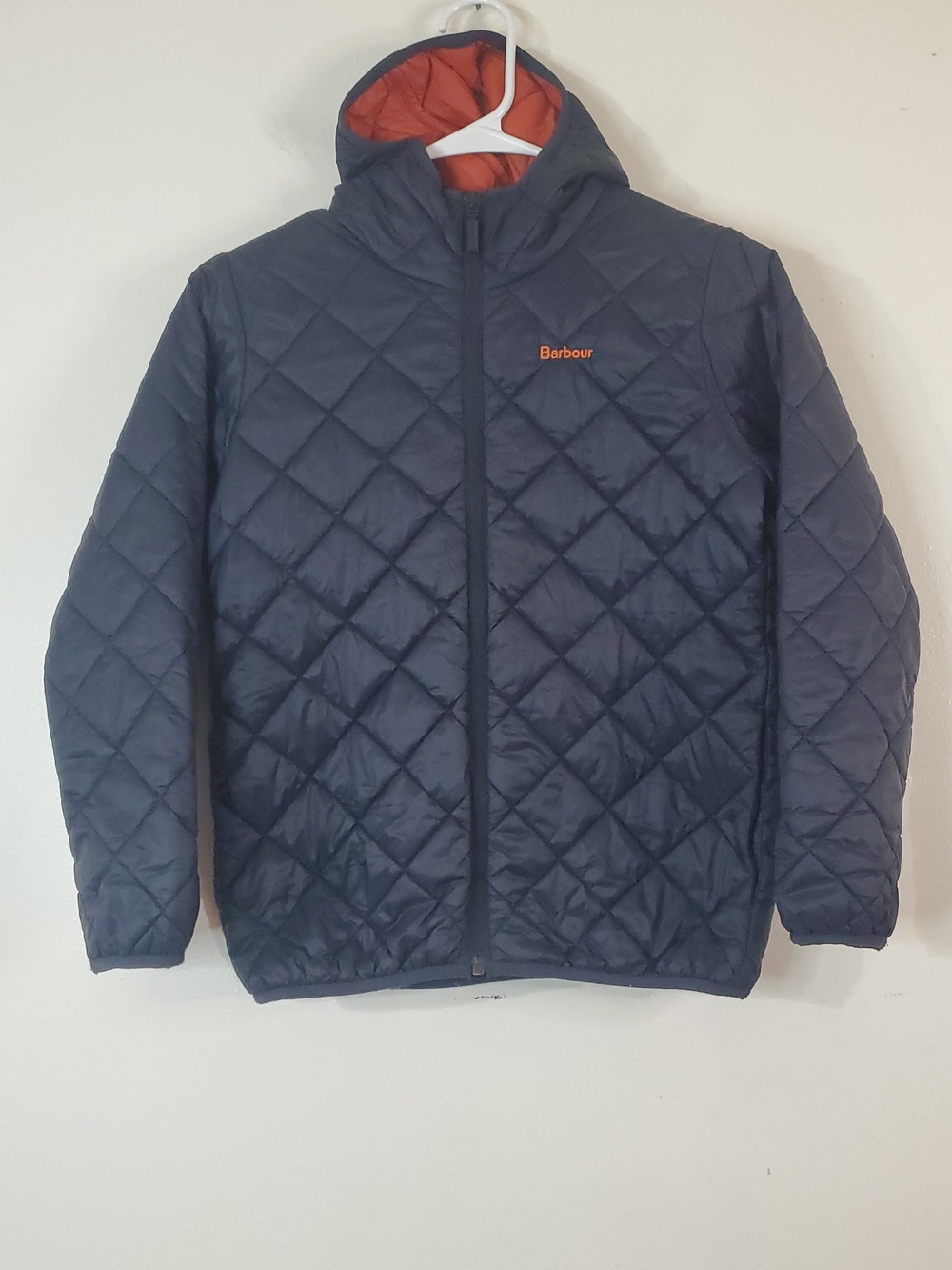 Barbour Fromar Quilted Boys Jacket Size 8/9 Blue Orange Hooded Preppy Lightweigh